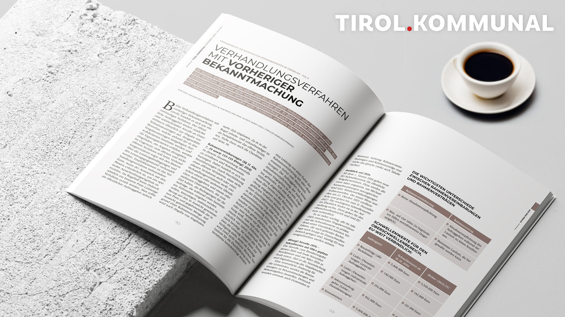 Magazin mit Tirol.Kommunal Artikel von Magdalena Ralser zu Verhandlungsverfahren mit vorheriger Bekanntmachung.